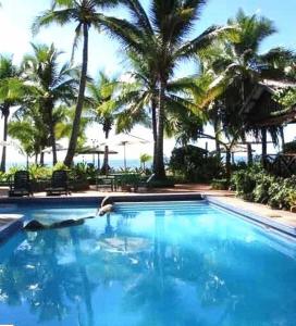南迪斐济俱乐部度假酒店的一座棕榈树和海洋的大型游泳池