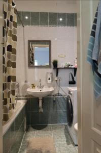 考纳斯和尚双层考纳斯酒店的一间带水槽、浴缸和卫生间的浴室