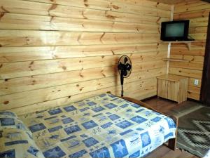 斯维季亚济Будиночок у затишку的卧室配有木墙内的一张床