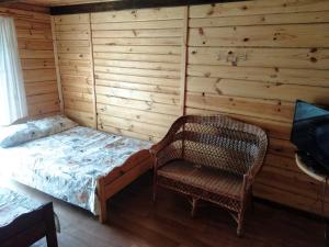 斯维季亚济Будиночок у затишку的一间卧室配有一张床、一把椅子和电视