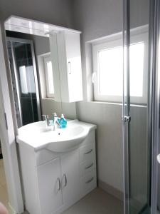 坡瑟利特兹kleines gemütliches Ferienhaus的一间带水槽、镜子和淋浴的浴室