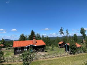莫拉Vasa Ski Lodge的田野上一座带橙色屋顶的房子
