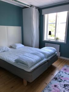 南雪平Grindhuset的一间卧室配有一张蓝色墙壁的床和一扇窗户