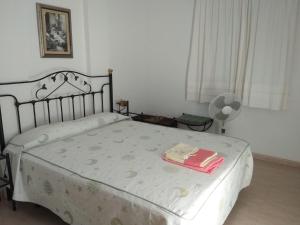 科尼尔-德拉弗龙特拉Apartamento La Rotonda C-116的一间卧室配有一张带毯子和风扇的床。