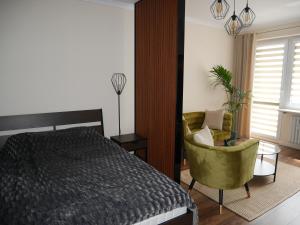 琴斯托霍瓦Apartament Złoty w Centrum Miasta的一间卧室配有一张床和一把绿色椅子