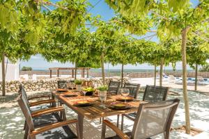 阿莱奥尔Llucasaldentet的海滩上树木下的木桌和椅子