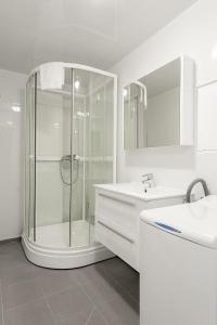 摩城Mo Gjestegård的带淋浴和盥洗盆的白色浴室