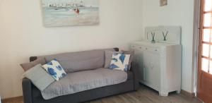 托雷坎内Casa Grazia的客厅配有灰色的沙发和白色冰箱