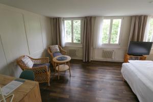 温特图尔EMMA Bett und Bistro的酒店客房带一张床、椅子和电视