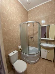 切尔诺莫斯克Людмила的带淋浴、卫生间和盥洗盆的浴室