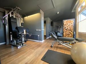 阿伦斯堡阿伦斯堡城堡酒店的健身房设有跑步机、椅子和木柴