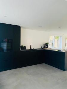 SøgneFerieparadis på sørlandet 2024的厨房配有黑色橱柜和黑色台面