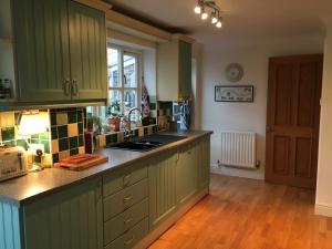 奇切斯特5 Charlton Mill Way B&B的厨房配有绿色橱柜和台面