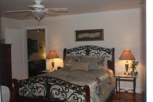 Pilot MountainA Mighty Oak B&B的一间卧室配有一张床和吊扇