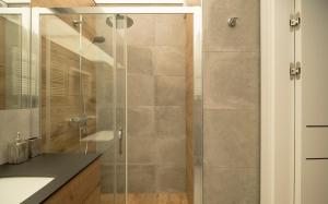 波兹南Villa Wenecja Apartament ALBERO的浴室里设有玻璃门淋浴