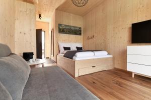基弗斯费尔登Water, Ski & Mountain Lodge的一间卧室配有一张床、一台电视和一张沙发