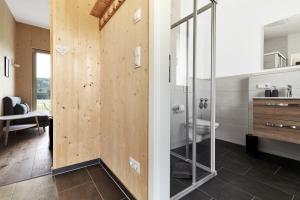 基弗斯费尔登Water, Ski & Mountain Lodge的一间带玻璃淋浴和卫生间的浴室