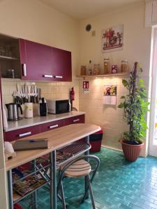 圣雷莫Casa dell amore 1的厨房配有紫色橱柜、桌子和植物