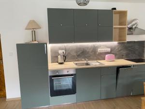 库特纳霍拉Modern apartment in Kutna Hora的厨房配有灰色橱柜和台面