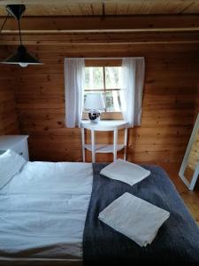 TyrnäväHannuksen Piilopirtti的一间卧室配有一张带桌子和窗户的床