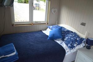 莫珀斯Peaceful Shepherd's Hut next to Horse Field的一间卧室配有一张带蓝色床单的床和一扇窗户。