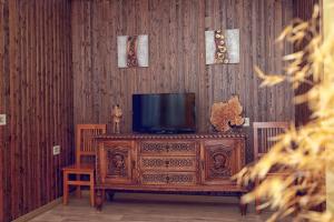 纳瓦孔塞霍Apartamento Turistico Rio Jerte的客厅设有木墙,配有电视