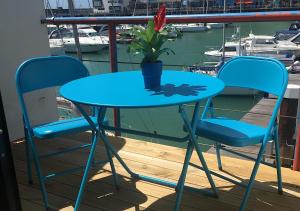布莱顿霍夫Brighton Marina Floating home的一张带两把椅子的蓝色桌子和一盆盆盆栽
