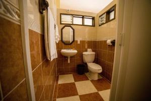 Ciudad HidalgoHOTEL EX HACIENDA EL MOLINO的一间带卫生间、水槽和镜子的浴室