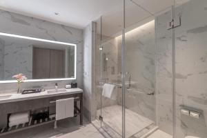 长沙长沙机场凯悦嘉轩酒店的带淋浴、盥洗盆和镜子的浴室