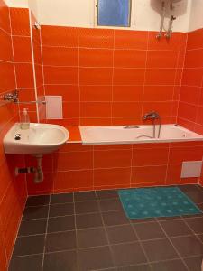 赫任斯科Penzion Hřensko的橙色瓷砖浴室设有水槽和浴缸