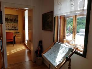 基希洪德姆Ferienwohnung Stickereimuseum Oberhundem的客房享有带窗户和桌子的客房的景致。