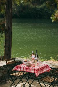 Ervedosa do DouroVentozelo Hotel & Quinta的一张野餐桌,配有红色的桌布和葡萄酒瓶
