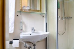欣特察尔滕贝彻酒店的浴室配有白色水槽和淋浴。