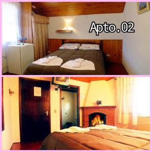 卡曼杜卡亚Pousada dos pássaros的两张照片的酒店客房 - 带一张床和一个壁炉