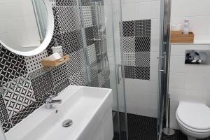 布达佩斯Cozy Design Downtown Apartment的一间带水槽、淋浴和卫生间的浴室