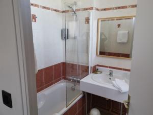 Chazelles-sur-Lyon布兰查德城堡酒店的带淋浴、盥洗盆和浴缸的浴室