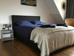 埃勒米特La Casa aan Zee的一间卧室配有一张带蓝色枕头的大床