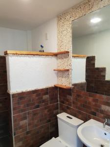 圣胡安Apo Diver Beach Resort的浴室设有砖墙、卫生间和水槽。
