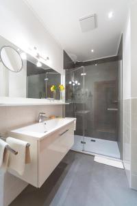 滨湖默尔比施Landhaus Luka的带淋浴、盥洗盆和镜子的浴室