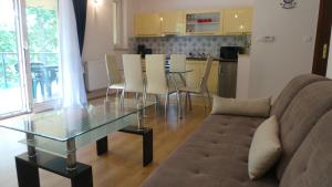 波别罗沃Apartamenty Kornel的客厅配有玻璃桌和沙发