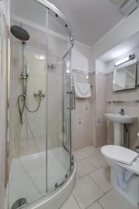 维尔纽斯阿斯特拉酒店的带淋浴、卫生间和盥洗盆的浴室