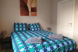 卡斯特尔莱AmberHuis的一间卧室配有蓝色和绿色的床,并提供毛巾