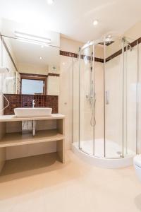 Elgiszewo长田卡波健身水疗酒店的带淋浴和盥洗盆的浴室