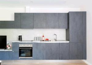 伦敦Deluxe Central London North Apartment的厨房配有灰色橱柜和水槽