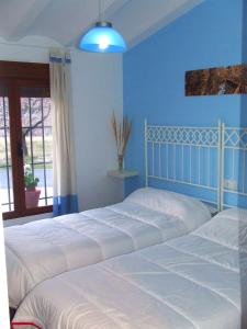 韦斯卡尔Vivienda Rural Embalse San Clemente的卧室配有白色床和蓝色墙壁