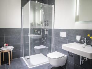 弗莱堡Freiburger-Ferienwohnung的带淋浴、卫生间和盥洗盆的浴室