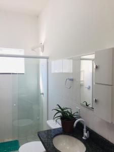弗洛里亚诺波利斯Recanto do Valtinho的一间带水槽和玻璃淋浴的浴室