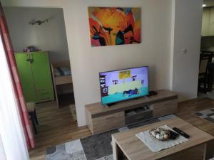 马夫罗沃Andrey Apartment的客厅配有平面电视和桌子。