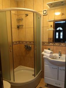 蒂瓦特Apartments Klakor的带淋浴和盥洗盆的浴室