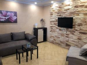 蒂瓦特Apartments Klakor的客厅配有沙发和石墙电视。